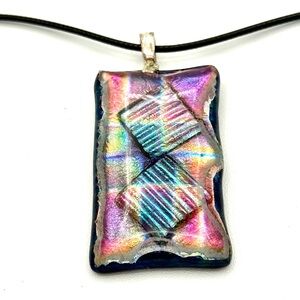 Vintage Artisan Handmade Signed Colorful Rectangular Pendant Necklace